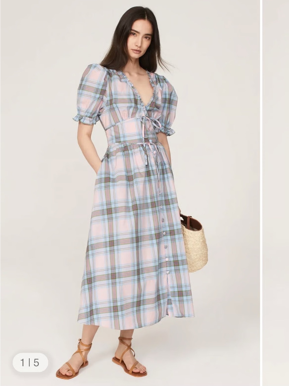 Hill House Home Sabrina Cotton Pastel Plaid Tie-Front Midi Dress Pink & Blue